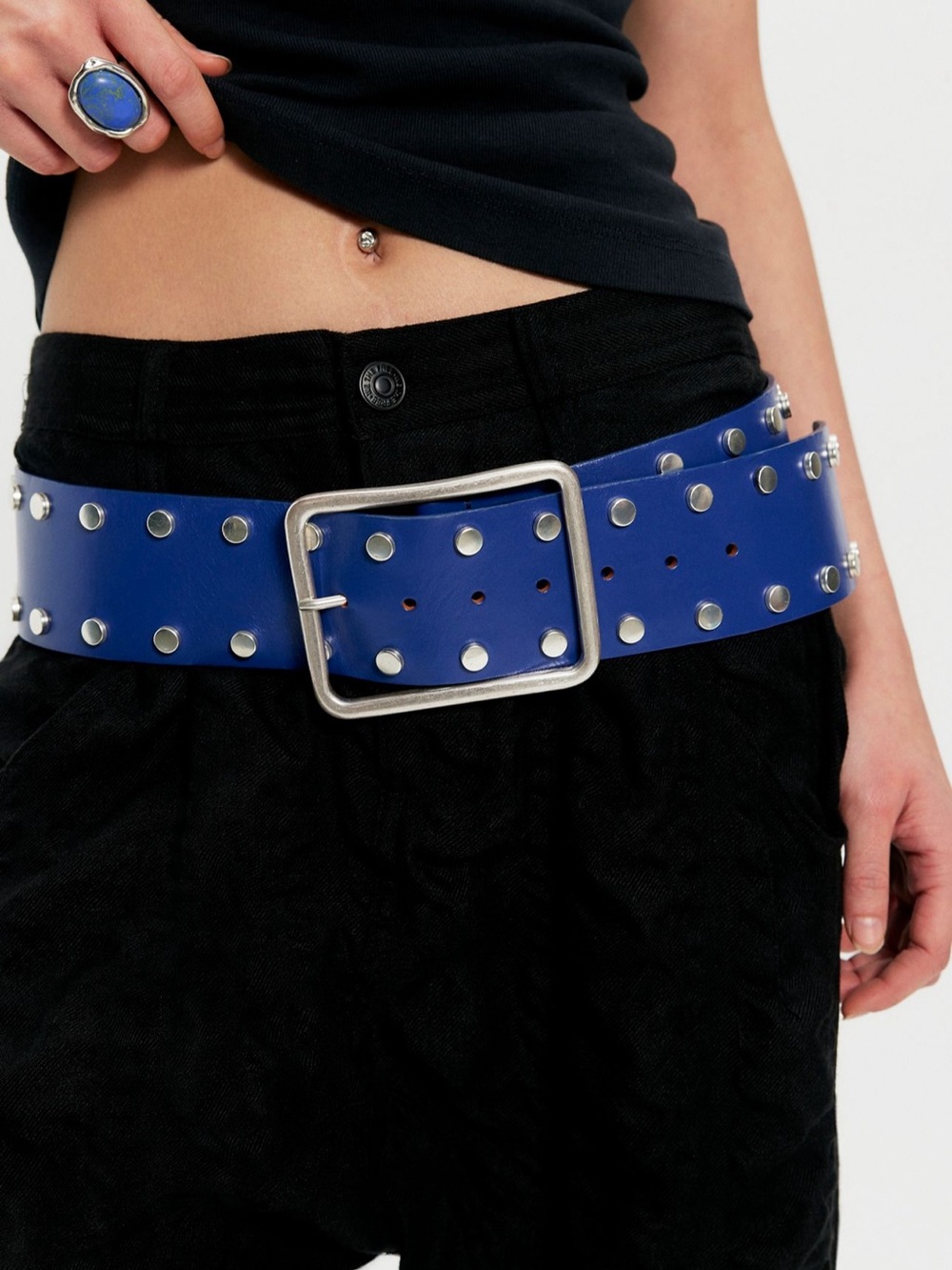 Free People Hex Hip Belt Leather Studded Blue Belt